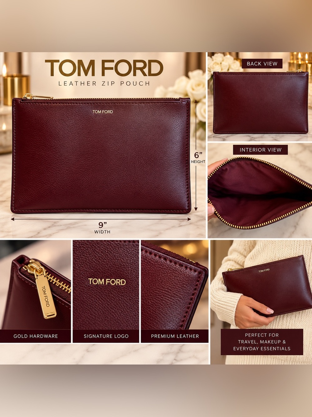Tom Ford Men's Leather Zip Pouch in Burgundy